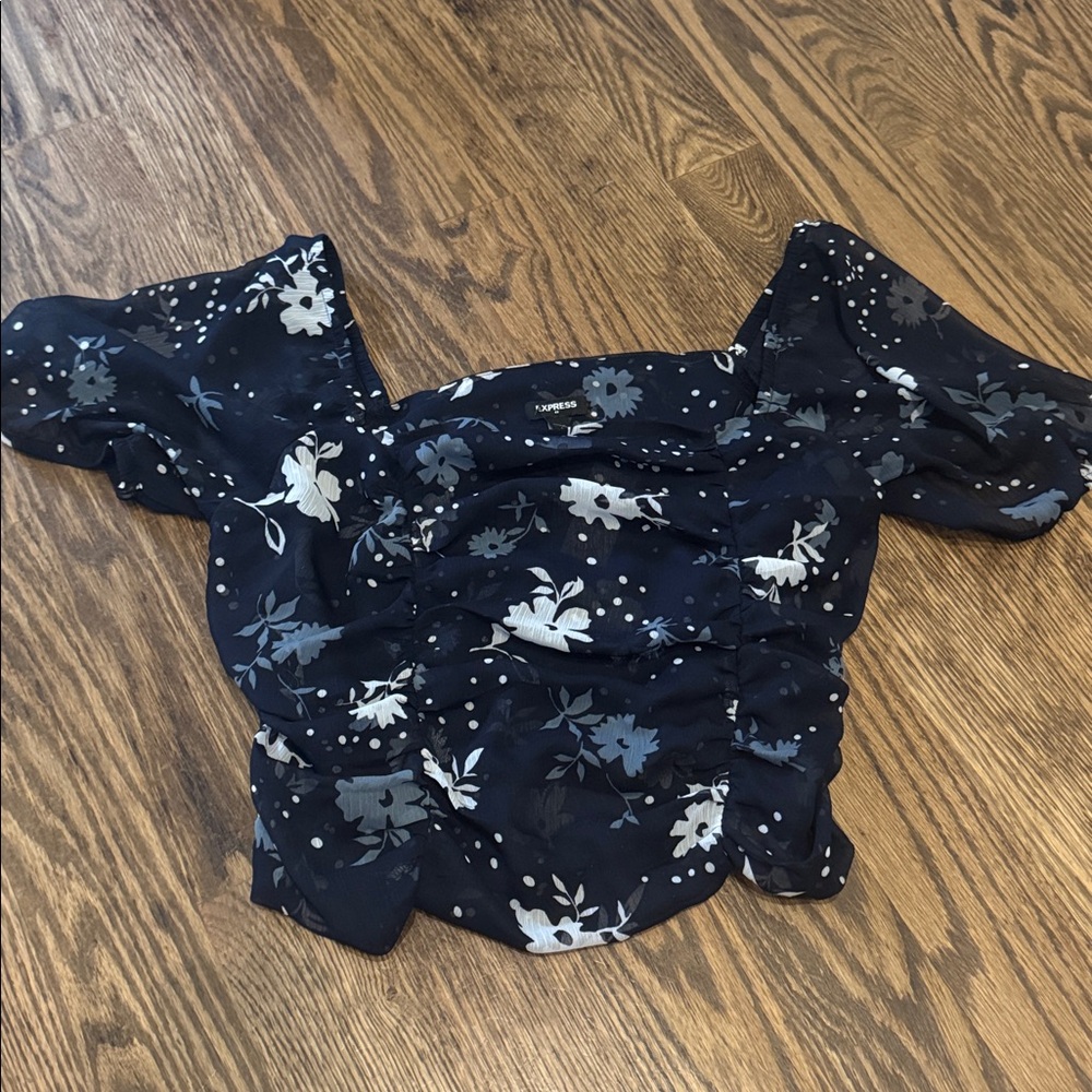 ✅ Floral Puff-Sleeve Crop Top Blue Express Large